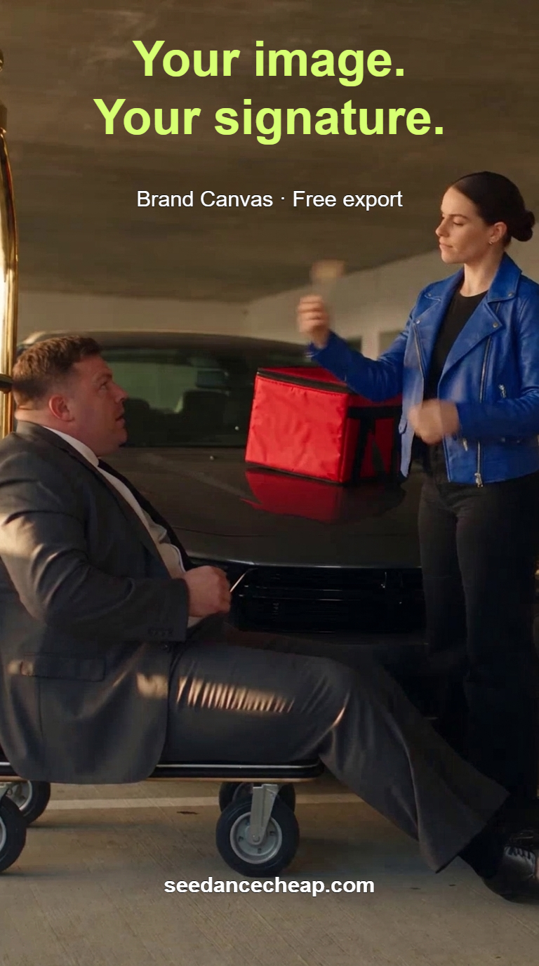 Fictional AI courier in a cobalt-blue jacket with red delivery bag, mint headline Your image. Your signature., free-export line and website.