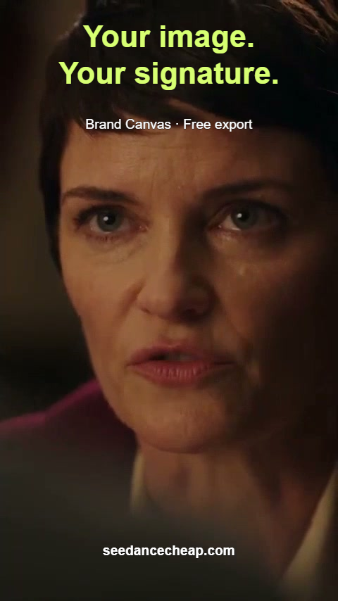 Still of a fictional AI adult from our drama test, with the same headline, free-export line and website.