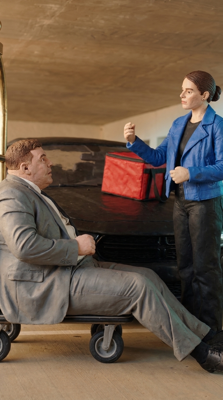 Actual Nano Banana 2 clay-style reference: fictional adult courier in a blue jacket, red bag, seated man and trolley
