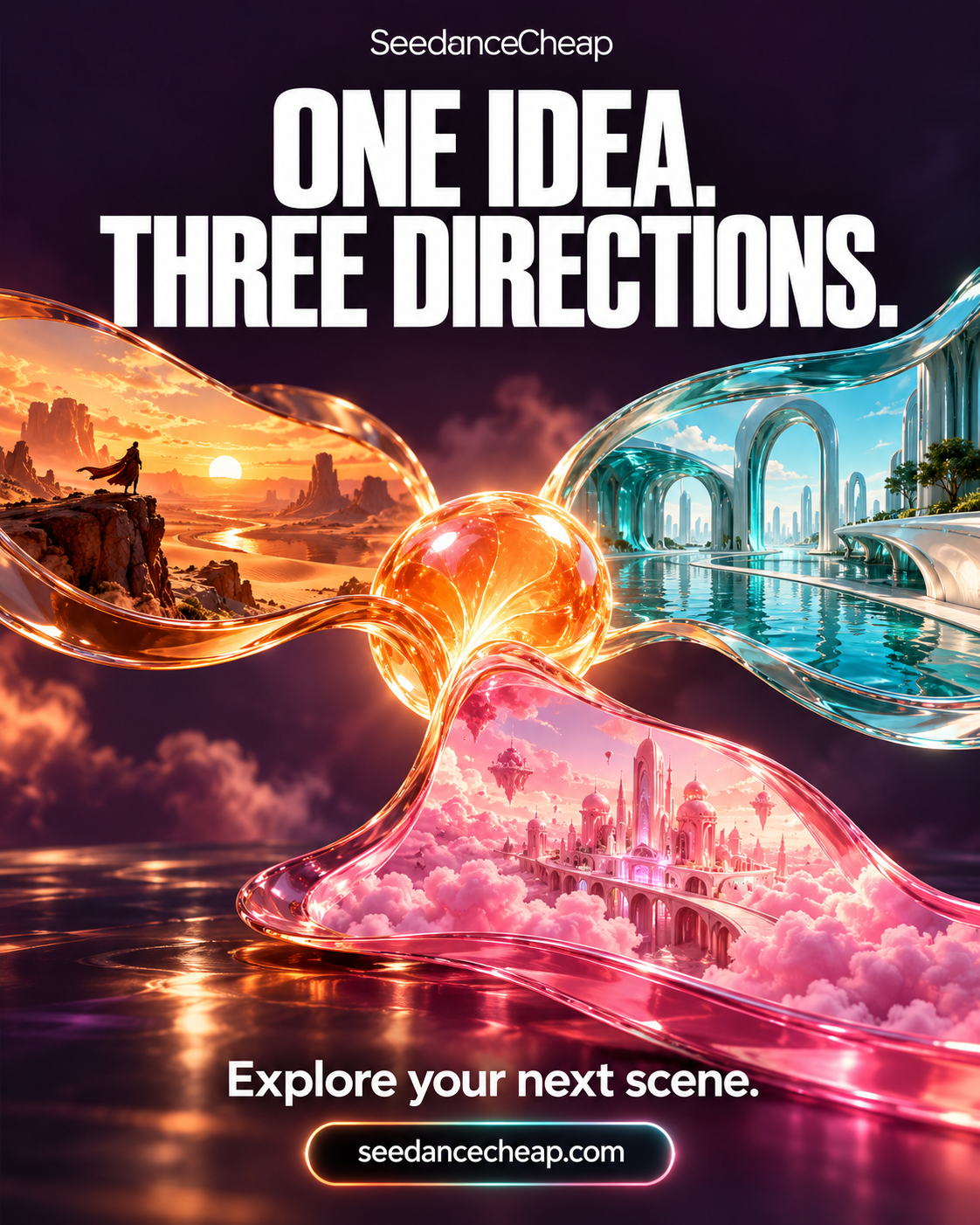One idea, three directions: glossy orange, blue and pink worlds in the SeedanceCheap campaign poster.