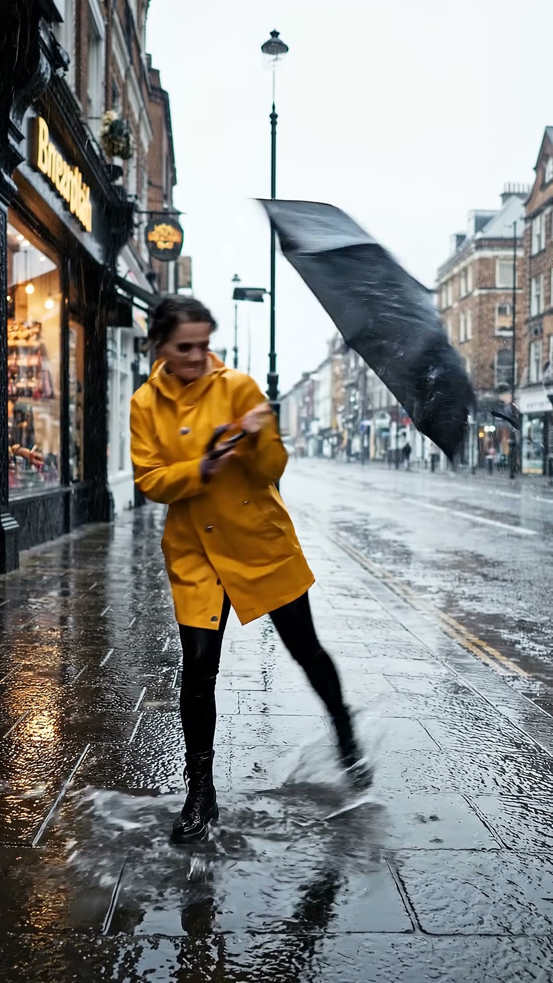 Frame from our complete supplier-upscaled 1080p Veo test: a fictional adult with a black umbrella on a rainy street